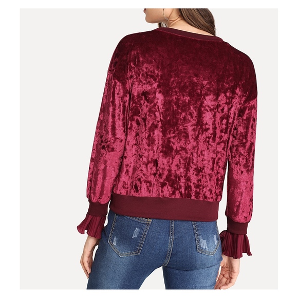 Burgundy Red Long Sleeve Crushed Velvet Sweatshirt - Picture 4 of 5